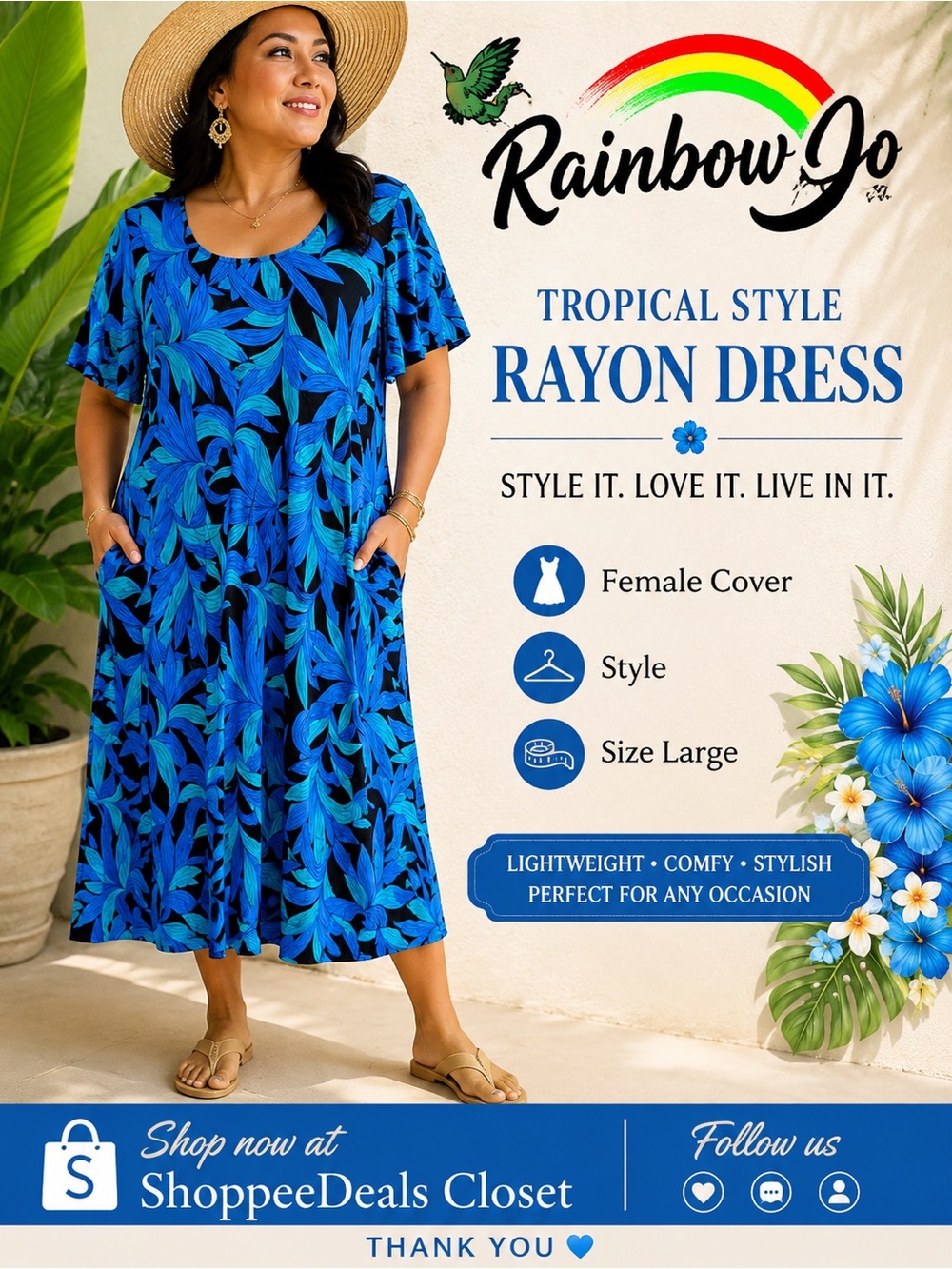 Rainbow Jo Tropical Floral Rayon Dress – Size Large